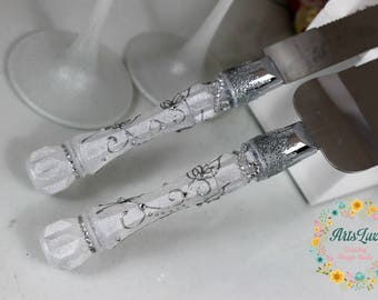 Frosty Wedding Cake Serving Set: Silver Rhinestone Knife and Server