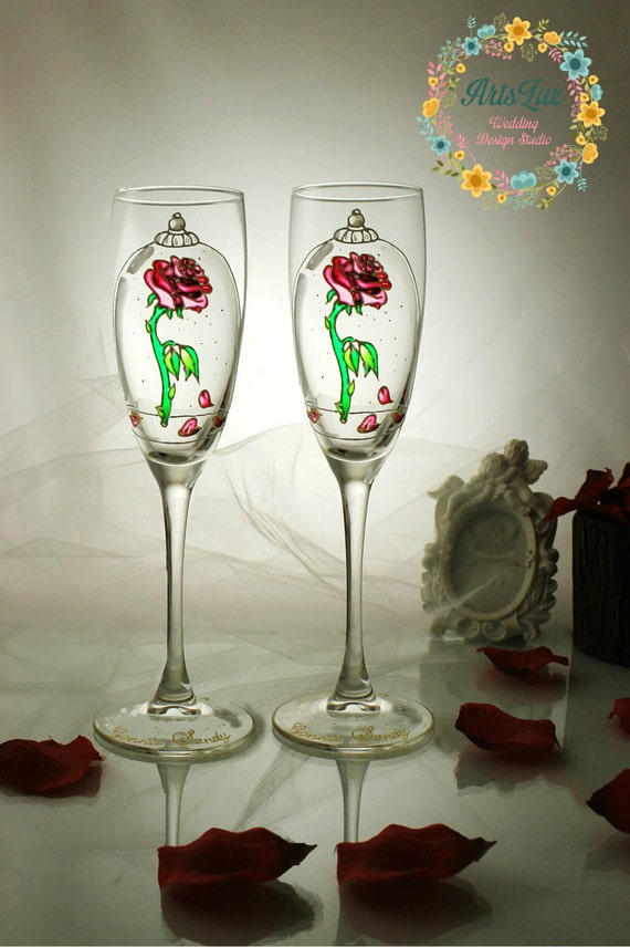 Beauty and the Beast Enchanted Rose-personalized Wedding Champagne Glasses-magic  of the Roses-gold Hand Painted Toasting Flutes-weddinggift - Etsy