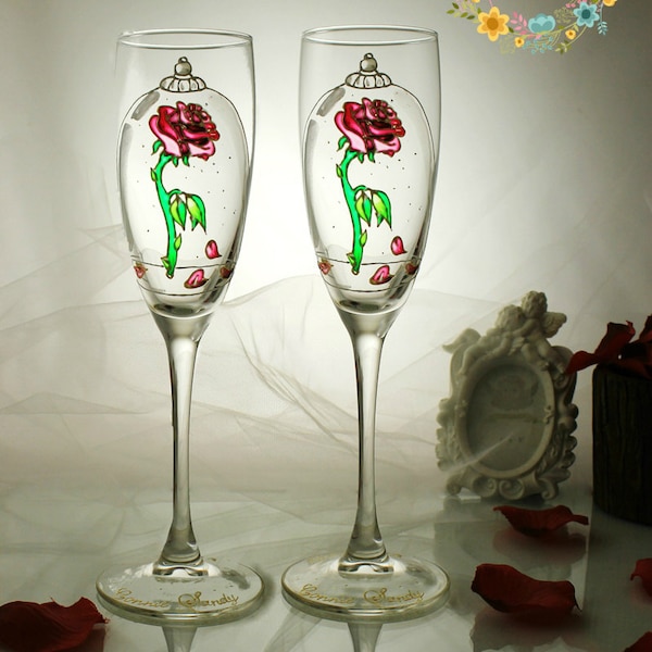 Beauty and the Beast Enchanted Rose-Personalized Wedding Champagne Glasses-Magic of the Roses-Gold Hand painted Toasting flutes-WeddingGift