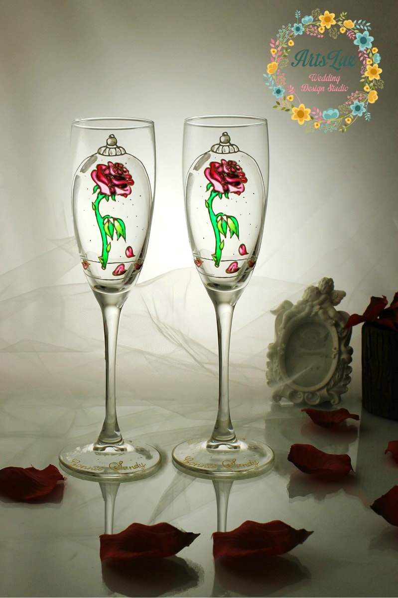Beauty and the Beast Stain Glass Rose Custom Wedding Glasses 