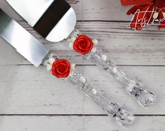 Ivory & Red Rose Wedding Cake Knife Set: Floral Cake Server