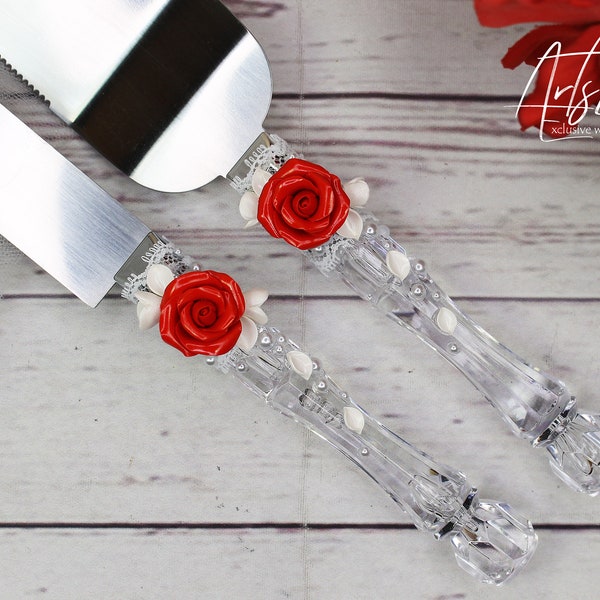 Ivory&Deep Red Wedding Cake Knife Set-Roses Wedding Cake Server and Knife-Lace Cake Server-Wedding Cake Accessories-Cake Cutting Set-Gift