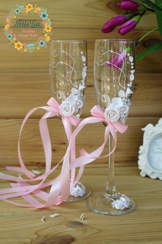 White&Pink wedding champagne glasses with beautiful | Etsy