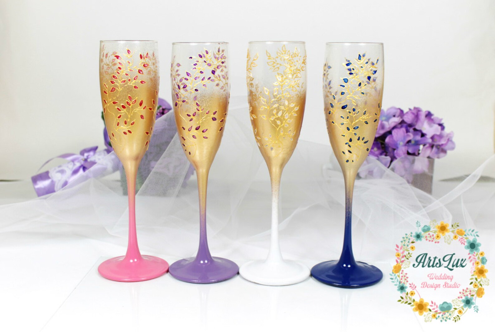 Gold&royal Blue Wedding Champagne Glasseshand Painted Wedding Etsy