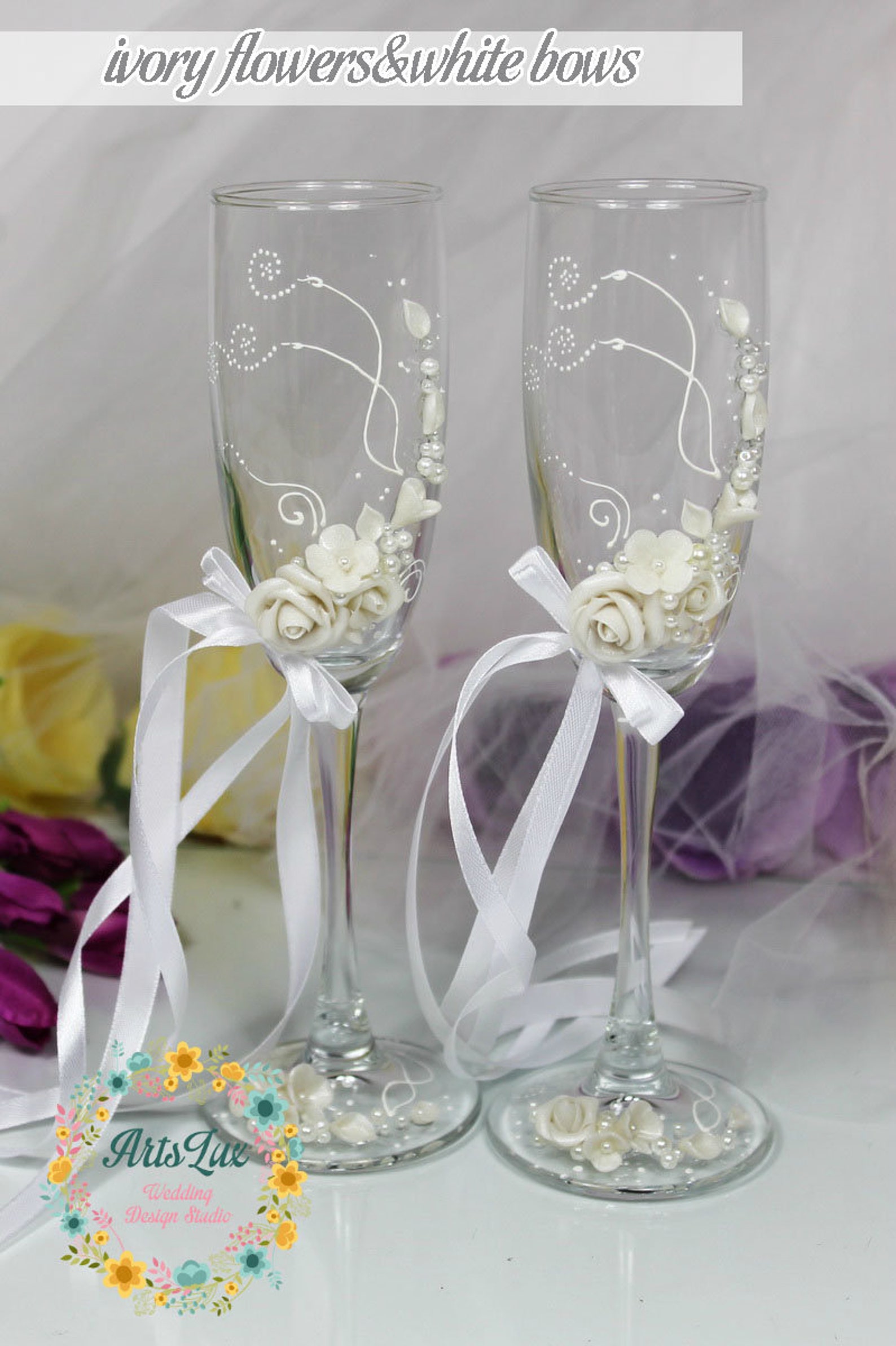 White wedding champagne glasses with beautiful rosesRomantic Etsy