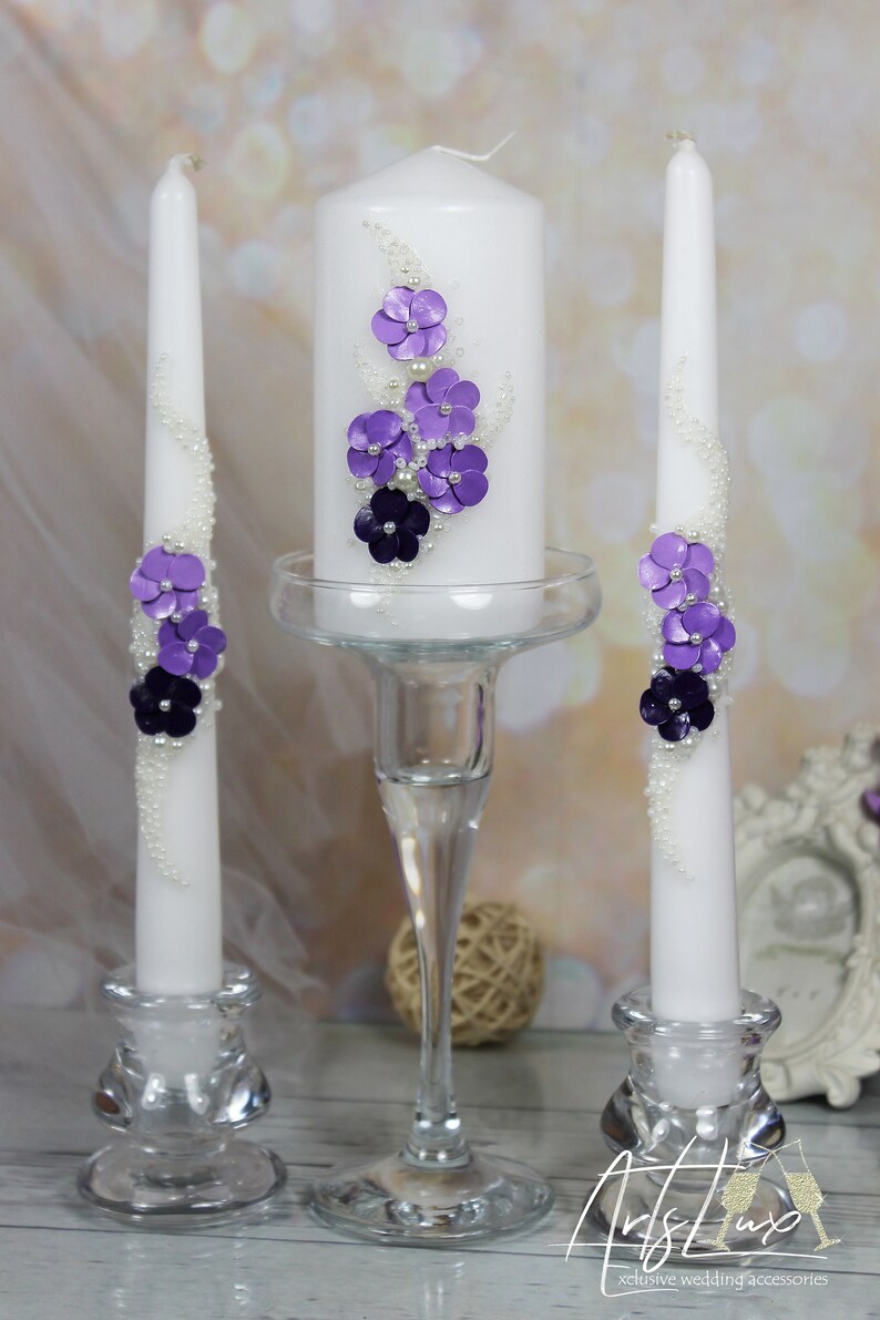 Wedding Unity Candles Set With Purple Flowersivory Pearls Etsy