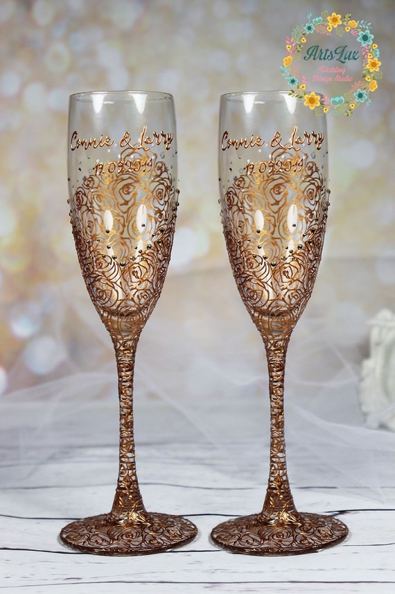 Antique Gold Wedding Champagne Glasses Crystalsvintage Gold Etsy