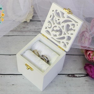 Wedding Ring Bearer Box with white satin-Plywood Ring Keepsake Box-White Ring Holder-Monograms Engagement ring box-Wedding Gift-Proposal box