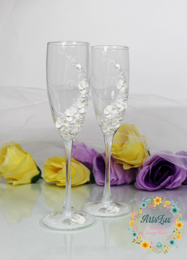 White Wedding champagne glasses-Gentle Wedding toasting | Etsy