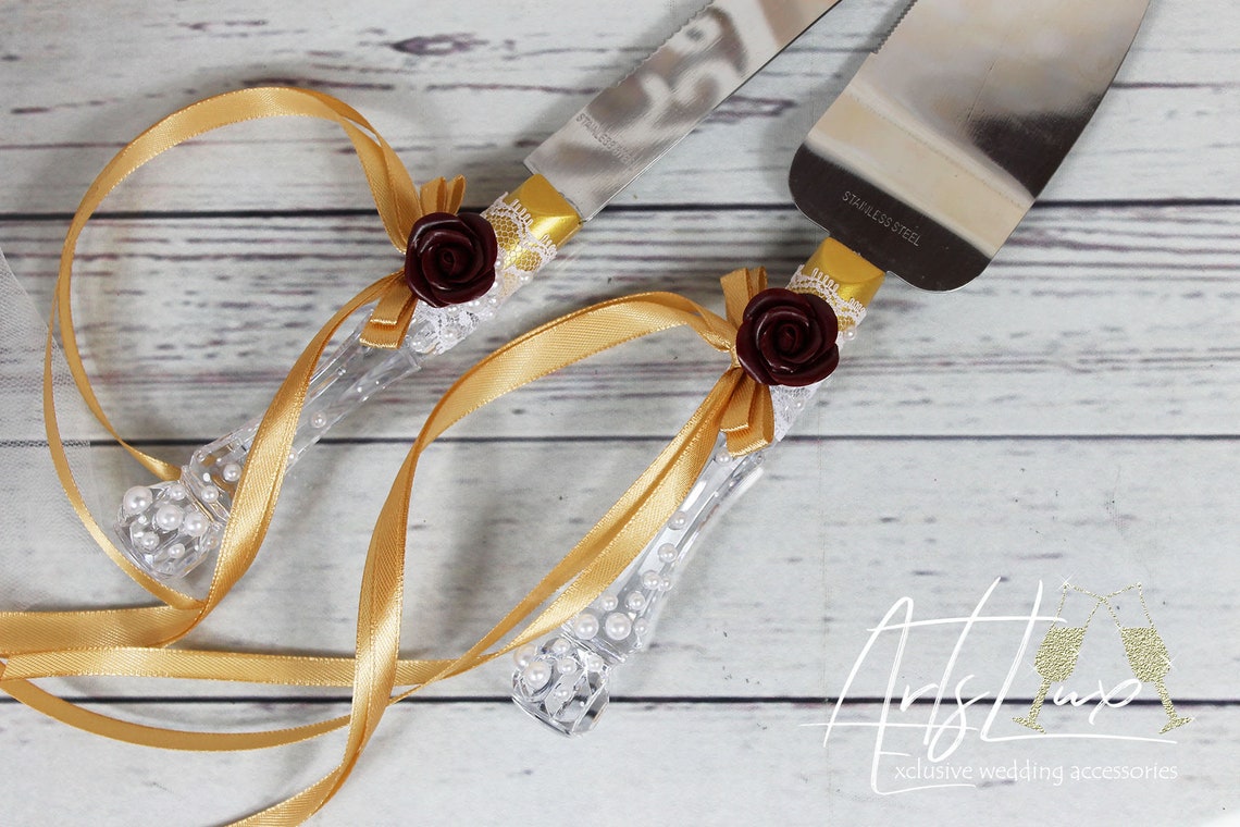 Burgundy&Gold Wedding Cake Knife SetRoses Wedding Cake Server Etsy