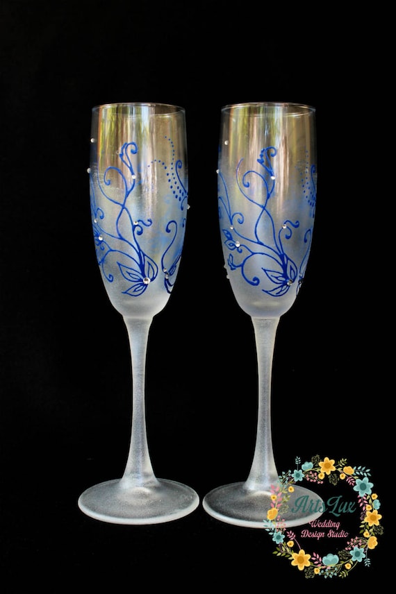 Frosty Wedding Champagne Glasses Hand Painted Dark Blue Etsy