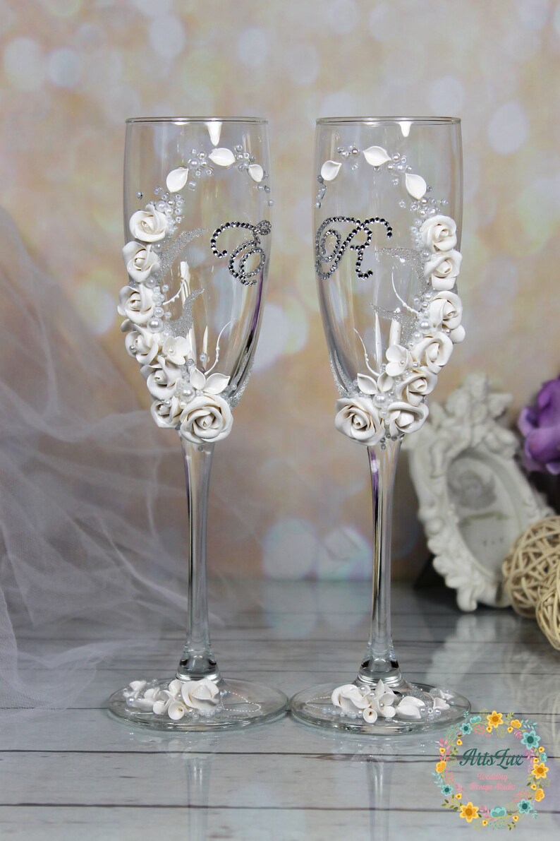 Personalized Wedding Champagne Glasses With White - Etsy