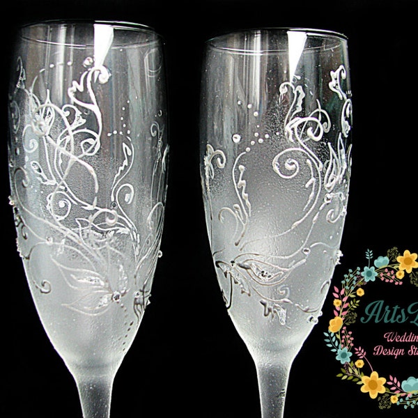 Verres à champagne de mariage givré peints à la main-mariage argenté grillage flûtes-strass mariage d'hiver faveur-cadeau de mariage-mariage d'hiver