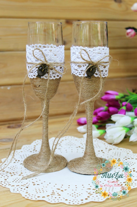 Rustic Wedding Champagne Glasses With Owl Lace Rustic Toasting Etsy