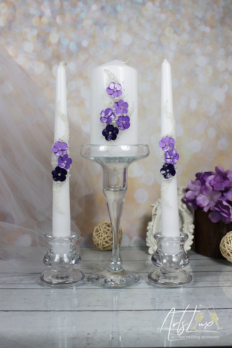 Wedding Unity Candles Set With Purple Flowersivory Pearls Etsy