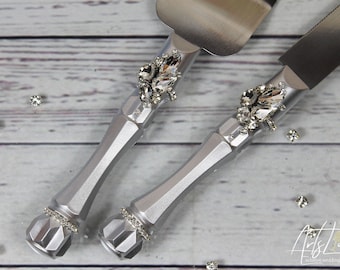 Silver Crystals Wedding Cake Server Set-Rhinestones Cake Server&Knife-Glam Cake Knife Set-Shining Wedding Cake Accessories-Cake Cutting Set