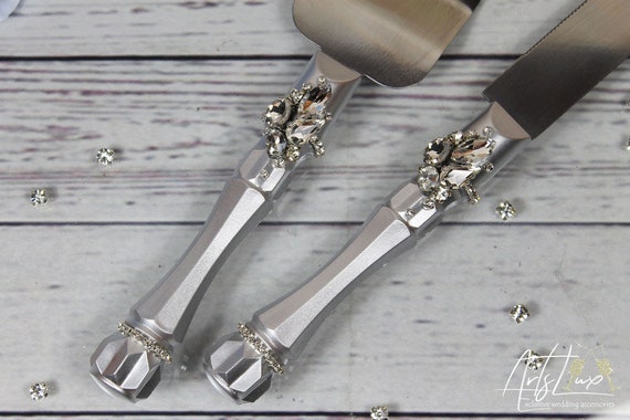 Silver Crystal Wedding Cake Server Set: Glam Cake Cutting Knife