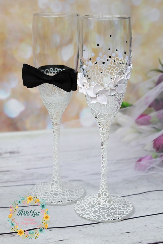 Flute Da Champagne Per Matrimonio Con Pizzo Bianco | Bicchieri Eleganti Per Sposi - Regalo Di Nozze - Foto 12