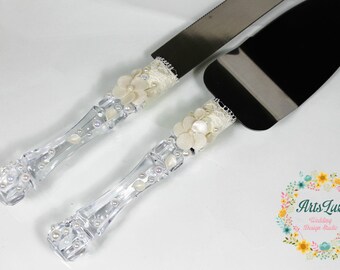 Wedding Cake Knife Set with ivory flowers  -Wedding Cake Server and Knife - Lace and Pearl Cake Server - Cake Accessories - Cake Cutting Set
