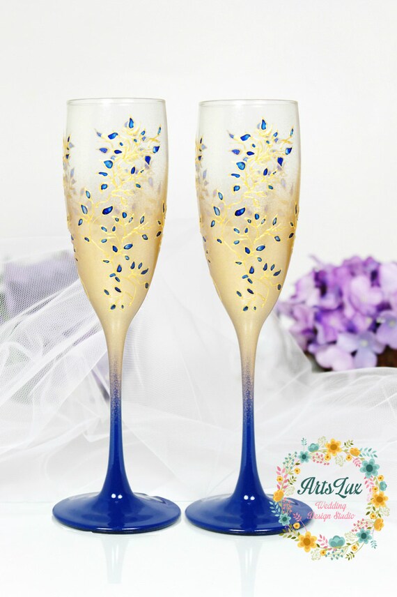 Gold&royal Blue Wedding Champagne Glasseshand Painted Wedding Etsy