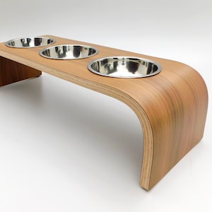 Stand for Dog Bowls, Modern Walnut Triple Bowl Elevated Feeder for Dogs & Cats