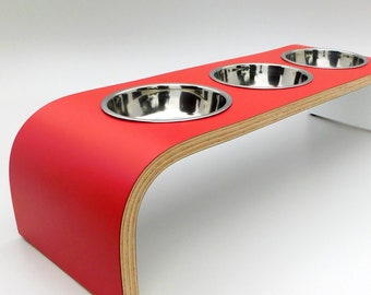 Modern Red and White Three Bowl Raised Dog / Cat Bowl Stand, Personalised Height Handmade to Order, Three Sizes, Easy Wipe Clean Finish