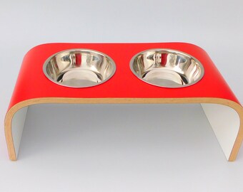 Bold Contrast: Red and White Dual Bowl Raised Feeder - Modern Pet Dining Elevated! Made in UK