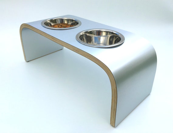 Modern Kitchen Dog Bowl Stand in Aluminium & Wood, Dog Feeding Station, Non  Slip Easy to Clean 