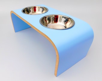 Cool Blue Raised Dog Bowls, Wooden Dog Bowl Stand, Pet Feeding Station in Powder Blue,  Non Slip Easy to Clean, Handmade in UK