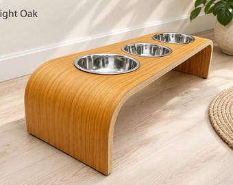 Raised Dog Bowls, Triple Elevated Dog Feeder, Light Oak Dog Bowl Stand, Wooden Pet Feeding Station, Custom Height
