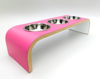 Cat Elevated Bowls, Dog Bowls on Pink and White Stand, Puppy Feeder, Personalised Height Handmade to Order, Bold Durable Easy Clean Finish