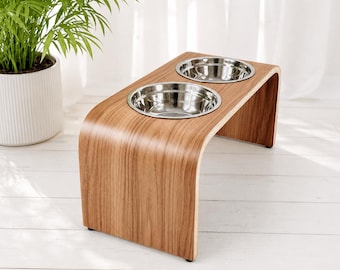 Raised Dog Bowl Stand, Handmade Walnut Pet Feeder, Elevated Dog Bowls with Stainless Steel Bowls, Modern Dog & Cat Feeding Station