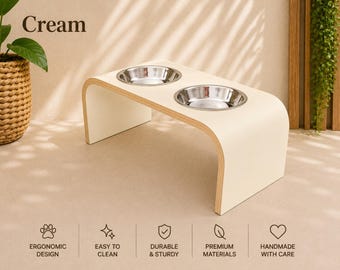 Cream Raised Dog Bowl Stand, Elevated Dog Feeder, Wooden Pet Feeding Station, Double Cat Bowls, Handmade Modern Dog & Cat Bowls
