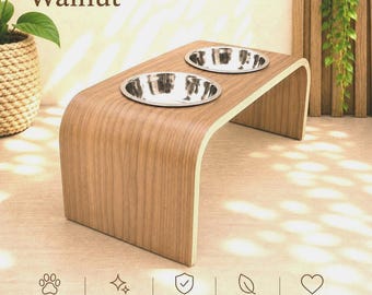 Raised Dog Bowl Stand, Handmade Walnut Pet Feeder, Elevated Dog Bowls with Stainless Steel Bowls, Modern Dog & Cat Feeding Station