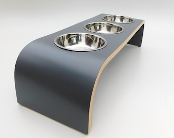 Sophisticated Slate Grey Triple Bowl Pet Feeder for Dogs & Cats, Available in Three Sizes, Non Slip Easy to Clean, Made in UK