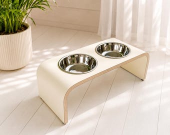 Cream Raised Dog Bowl Stand, Elevated Dog Feeder, Wooden Pet Feeding Station, Double Cat Bowls, Handmade Modern Dog & Cat Bowls