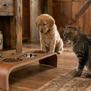 A Walnut wooden raised pet feeder with three bowls set in a barn style wooden kitchen area with a Labrador puppy and cat looking at their food bowls
