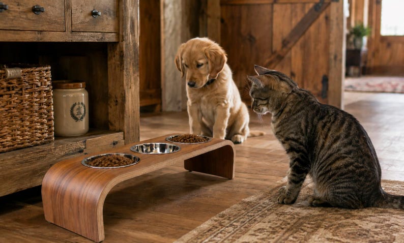 A Walnut wooden raised pet feeder with three bowls set in a barn style wooden kitchen area with a Labrador puppy and cat looking at their food bowls
