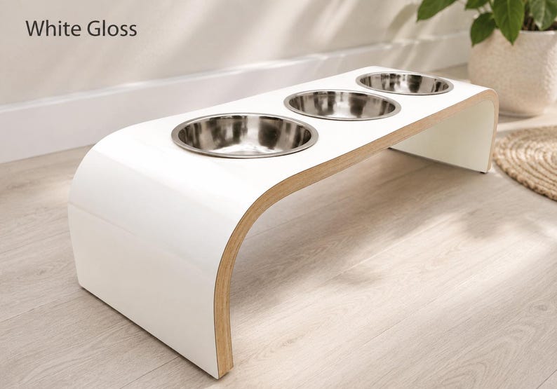 Handmade Raised Dog Bowl Stand | Triple Elevated Dog Feeder | Wooden Pet Feeding Station | Modern Cat & Dog Bowls White Gloss