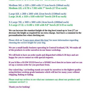 May include: A text-based product information sheet for raised pet feeding stands. It lists dimensions in centimeters and inches for small, medium, large, and extra-large sizes, along with bowl capacities. It details customization options and business info.