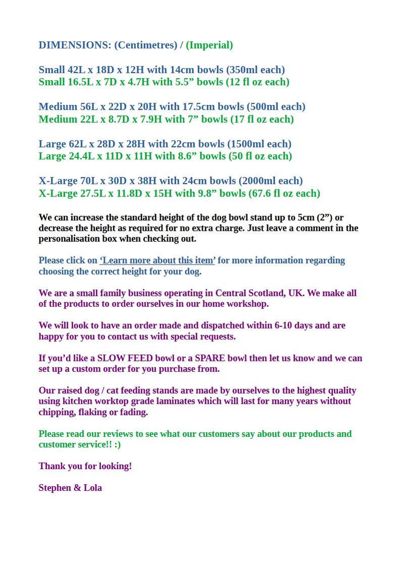 May include: A text-based product information sheet for raised pet feeding stands. It lists dimensions in centimeters and inches for small, medium, large, and extra-large sizes, along with bowl capacities. It details customization options and business info.
