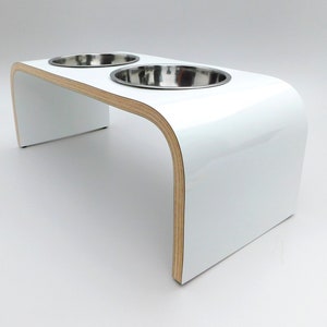 Sleek White Two Bowl Raised Wooden Pet Feeder: Modern Minimalist Design, Easy to Clean, Handmade in UK