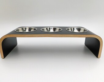 Sleek Triple Bowl Black Elevated Wooden Pet Feeding Stand for Dogs and Cats, Sturdy, Non Slip Easy to Clean, Handmade in UK