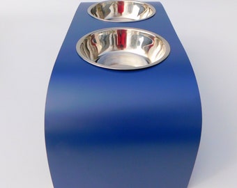 Handcrafted Dark Blue Raised Wooden Double Bowl Dog Feeder / Elevated Sleek Double Bowl Cat / Dog Feeder, Made in UK