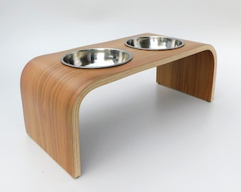 Raised Dog / Cat Bowl Stand with Two Bowls in Walnut Finish, Wooden Raised Dog Feeder, Modern Clean Design, Handmade in UK