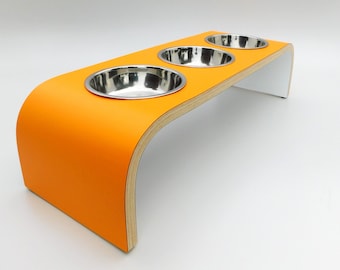 Bold & Bright: Modern Orange and White Three-Bowl Raised Dog / Cat Feeding Station, Made in UK
