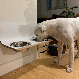 Single & Double Bowl Wall Mounted Wooden Dog Bowl Holder / Floating Dog Feeder, Multiple Colours and Sizes, Handmade in UK