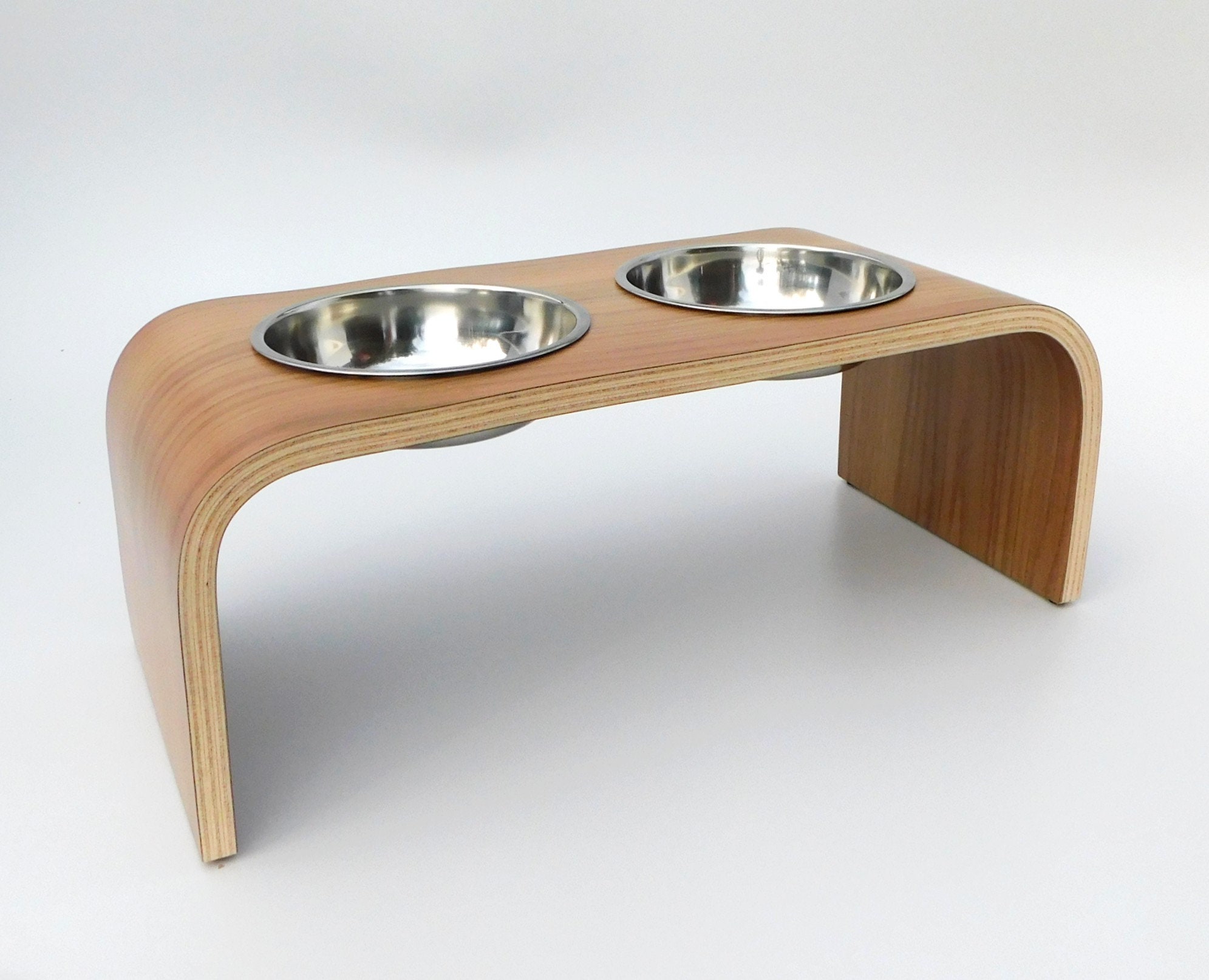 Raised Dog Bowl Stand With Two Bowls in Walnut Finish Wooden