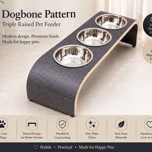 Handmade triple raised pet feeder with a unique dogbone pattern laminate, curved wooden design, and three removable stainless steel bowls. Premium elevated feeding station for cats and dogs featuring a durable, easy-clean surface, handcrafted construction, and modern minimalist styling, displayed in a bright contemporary home setting.