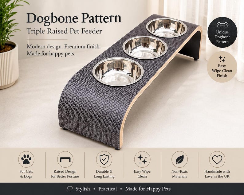 Handmade triple raised pet feeder with a unique dogbone pattern laminate, curved wooden design, and three removable stainless steel bowls. Premium elevated feeding station for cats and dogs featuring a durable, easy-clean surface, handcrafted construction, and modern minimalist styling, displayed in a bright contemporary home setting.
